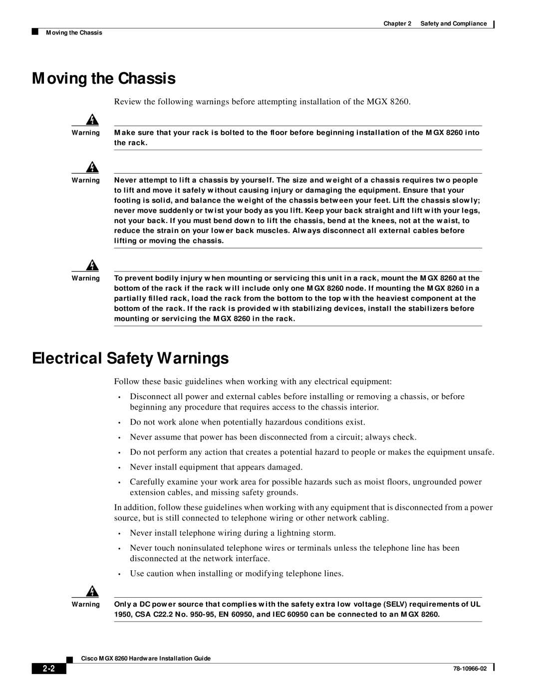 Cisco Systems MGX 8260 appendix Moving the Chassis, Electrical Safety Warnings 
