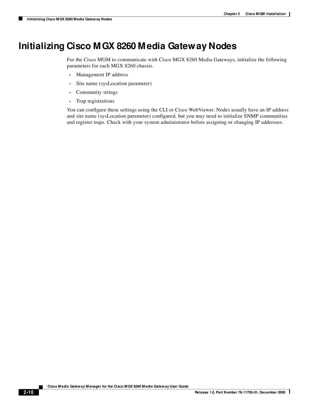 Cisco Systems manual Initializing Cisco MGX 8260 Media Gateway Nodes, 2-10 
