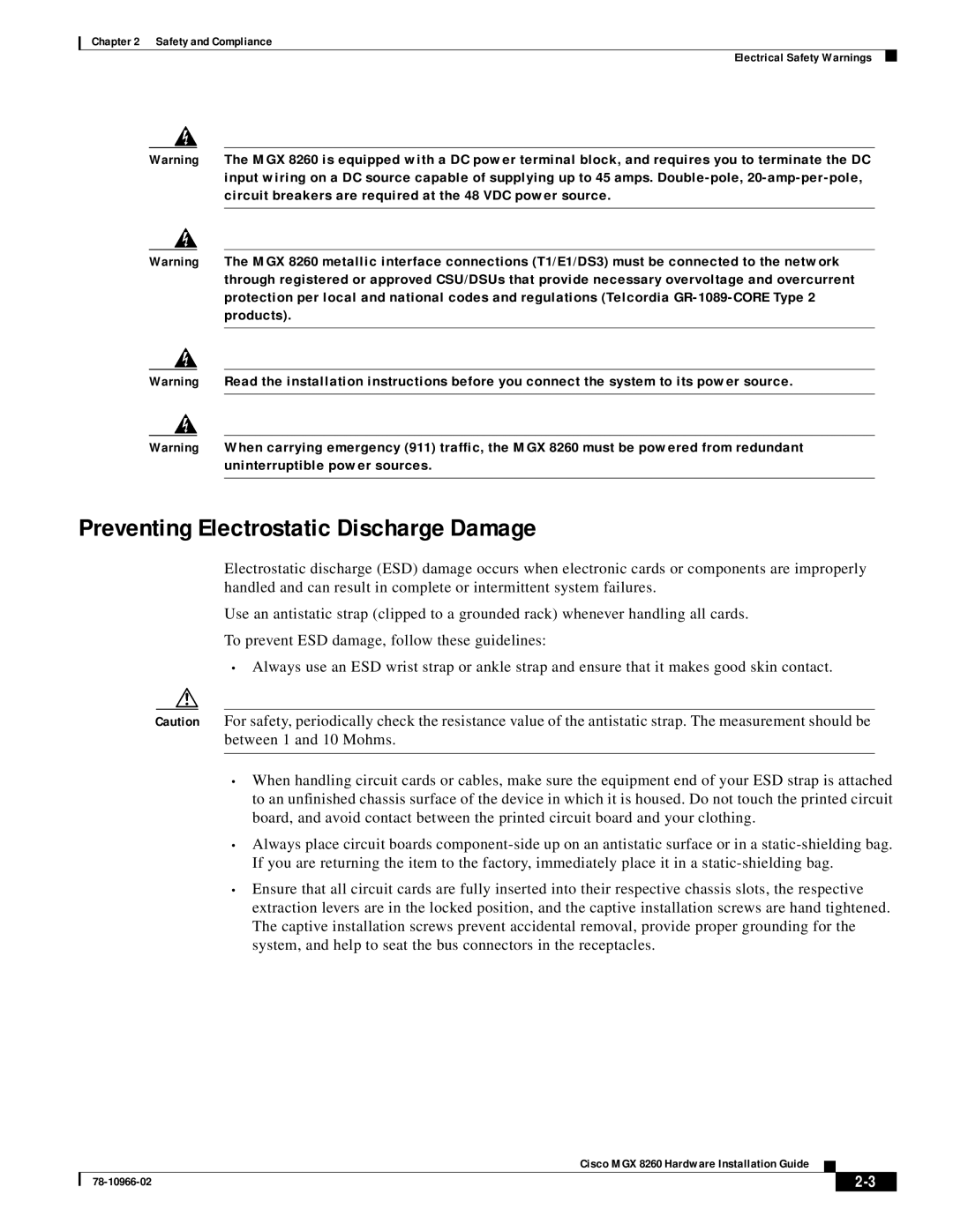 Cisco Systems MGX 8260 appendix Preventing Electrostatic Discharge Damage 