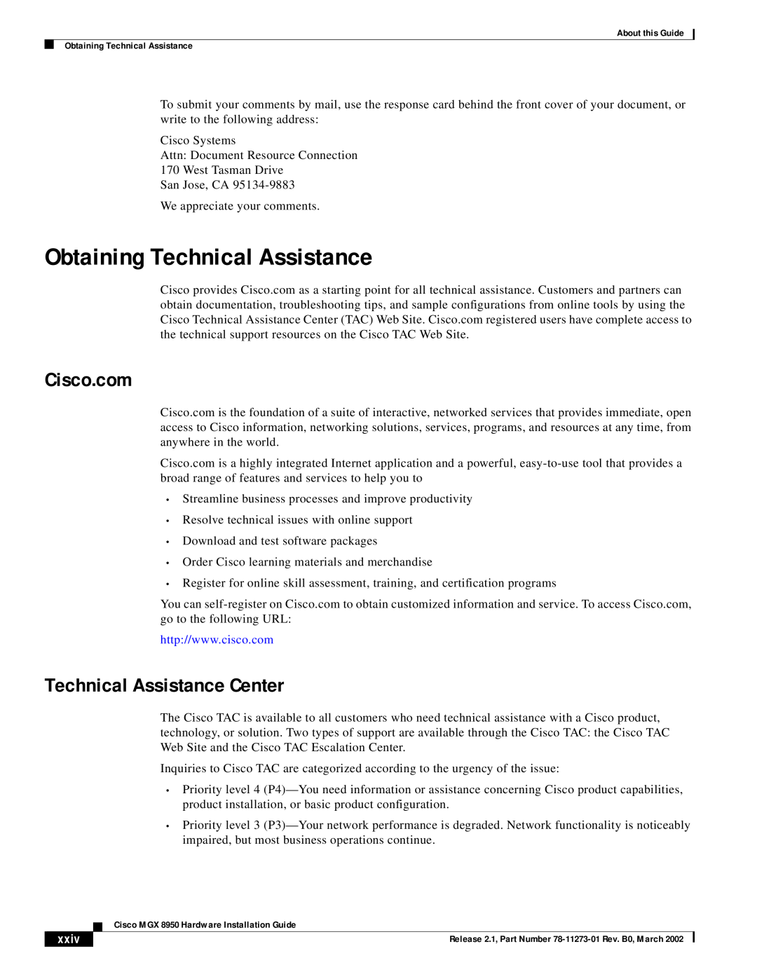 Cisco Systems MGX 8950 appendix Obtaining Technical Assistance, Cisco.com, Technical Assistance Center, xxiv 