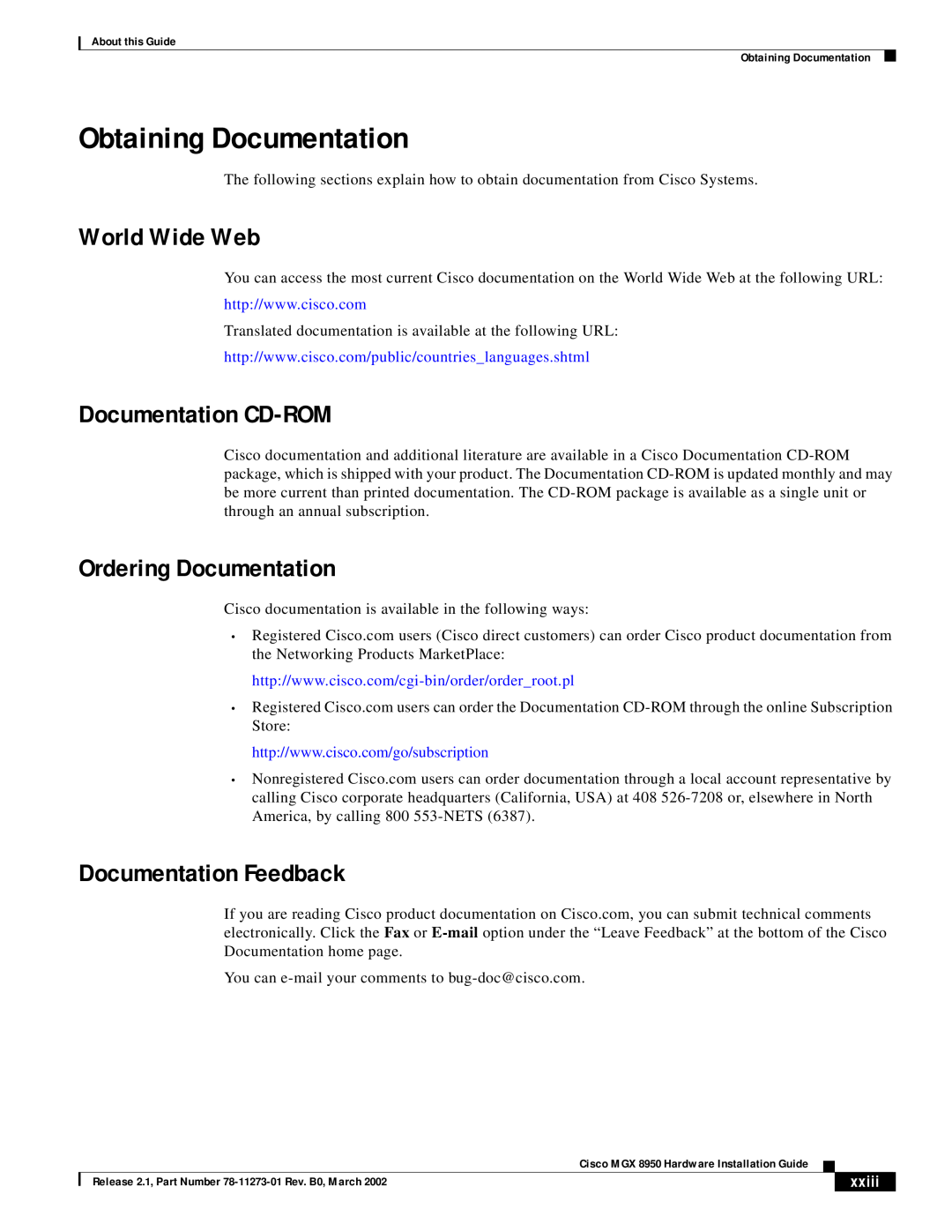 Cisco Systems MGX 8950 Obtaining Documentation, World Wide Web, Documentation CD-ROM, Ordering Documentation, xxiii 
