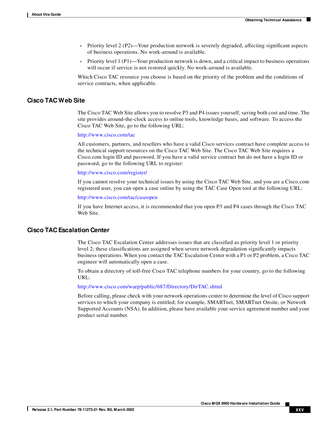 Cisco Systems MGX 8950 appendix Cisco TAC Web Site, Xxv 