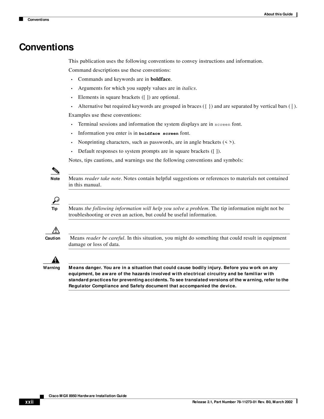 Cisco Systems MGX 8950 appendix Conventions, Xxii 