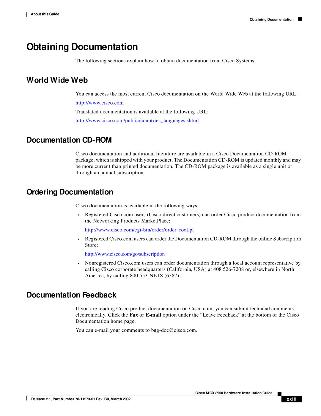 Cisco Systems MGX 8950 appendix Obtaining Documentation, World Wide Web, Documentation CD-ROM, Ordering Documentation 