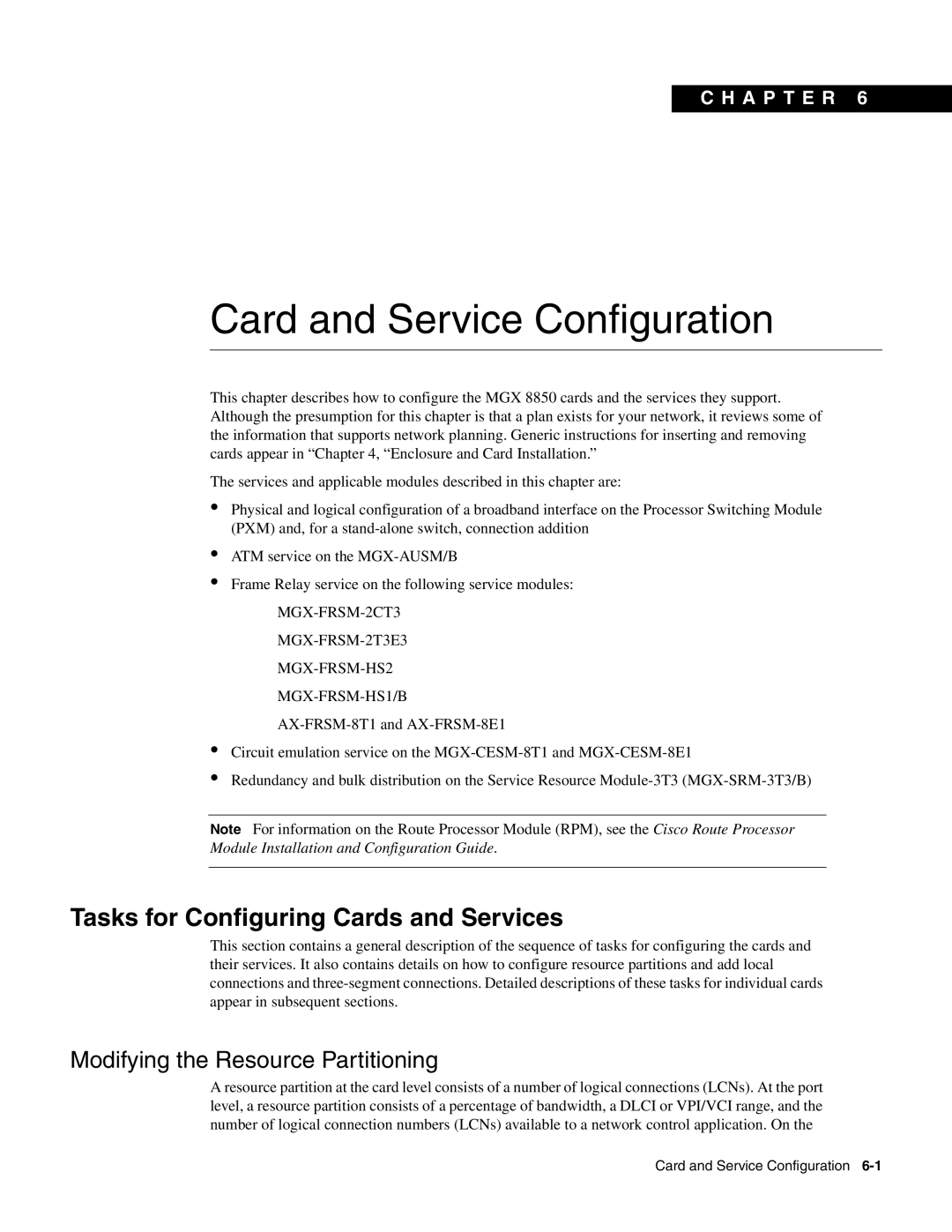 Cisco Systems MGX-FRSM-HS2 manual Tasks for Configuring Cards and Services, Modifying the Resource Partitioning 