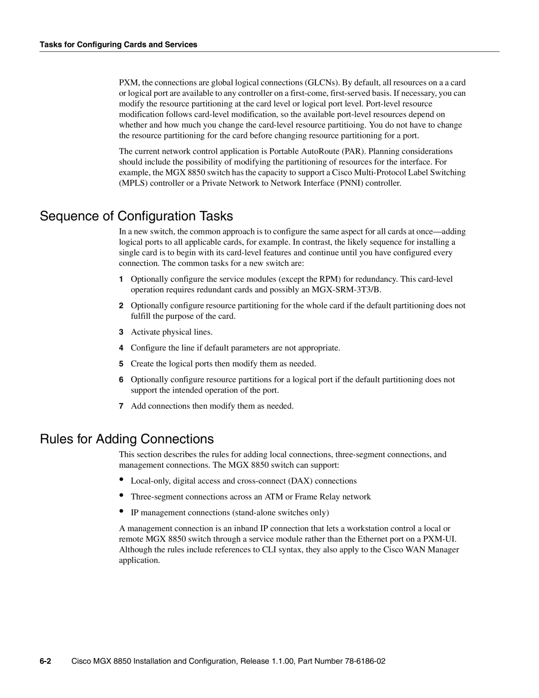 Cisco Systems MGX-FRSM-2T3E3, MGX-FRSM-2CT3, MGX-FRSM-HS2 Sequence of Configuration Tasks, Rules for Adding Connections 