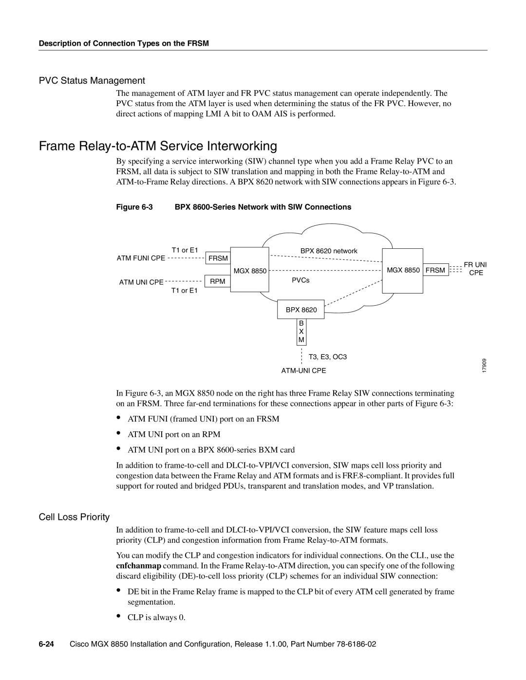 Cisco Systems MGX-FRSM-2CT3 manual Frame Relay-to-ATM Service Interworking, PVC Status Management, Cell Loss Priority 