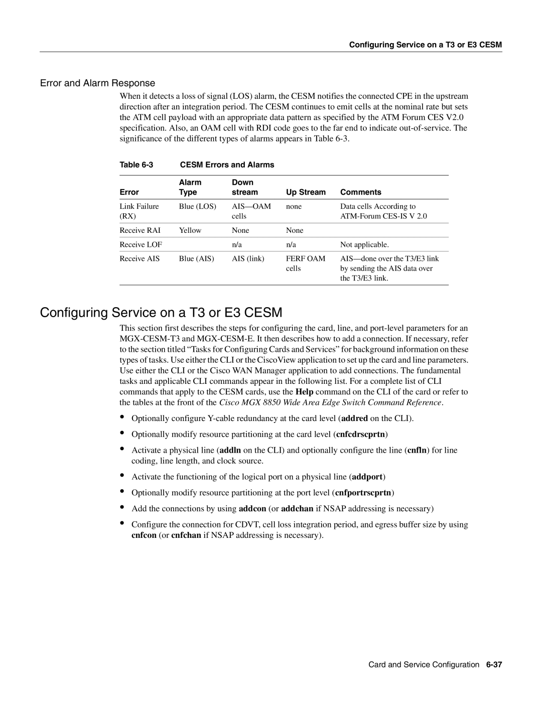 Cisco Systems MGX-FRSM-HS2, MGX-FRSM-2CT3, MGX-FRSM-2T3E3 Configuring Service on a T3 or E3 Cesm, Error and Alarm Response 