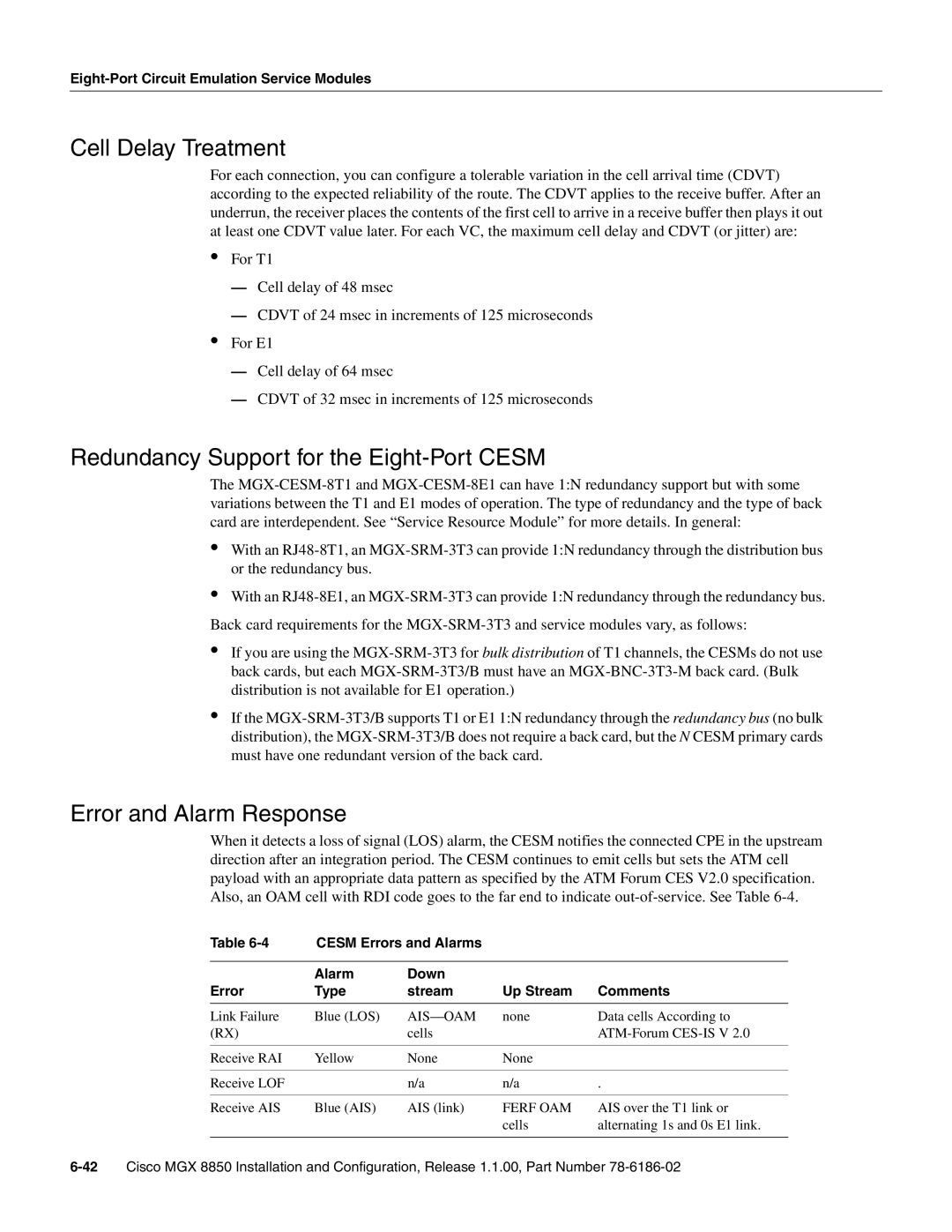 Cisco Systems MGX-FRSM-2CT3 Cell Delay Treatment, Redundancy Support for the Eight-Port Cesm, Error and Alarm Response 