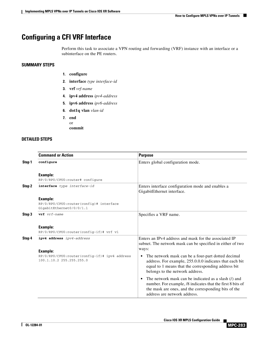 Cisco Systems MPC-273 manual Configuring a CFI VRF Interface, MPC-283 