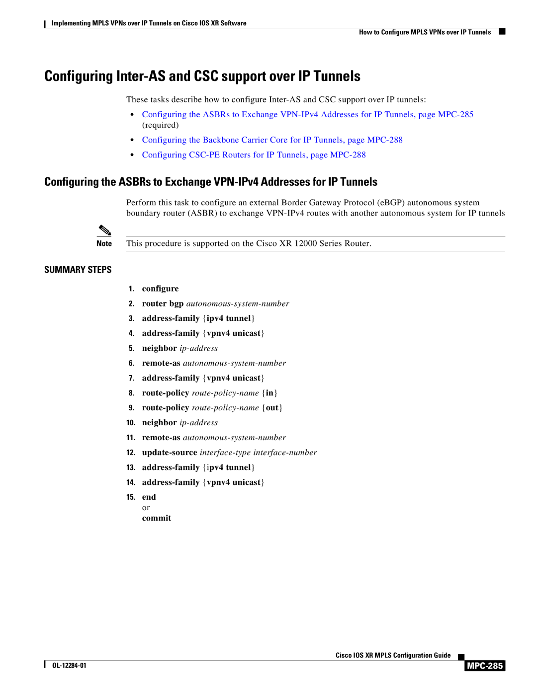 Cisco Systems MPC-273 manual Configuring Inter-AS and CSC support over IP Tunnels, MPC-285 