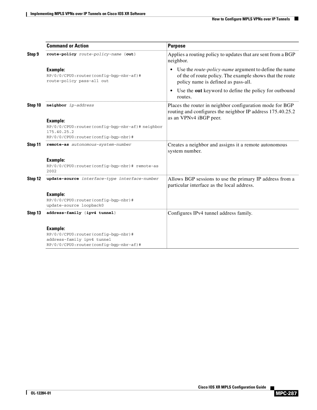 Cisco Systems MPC-273 manual Command or Action Purpose, MPC-287 