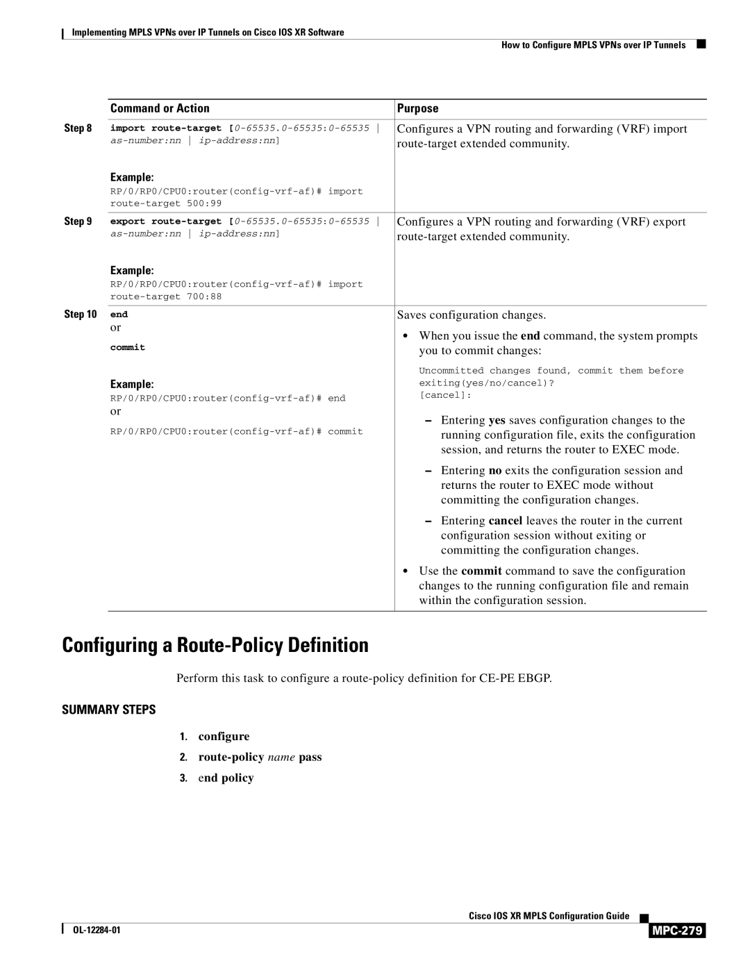 Cisco Systems MPC-273 manual Configuring a Route-Policy Definition, MPC-279 