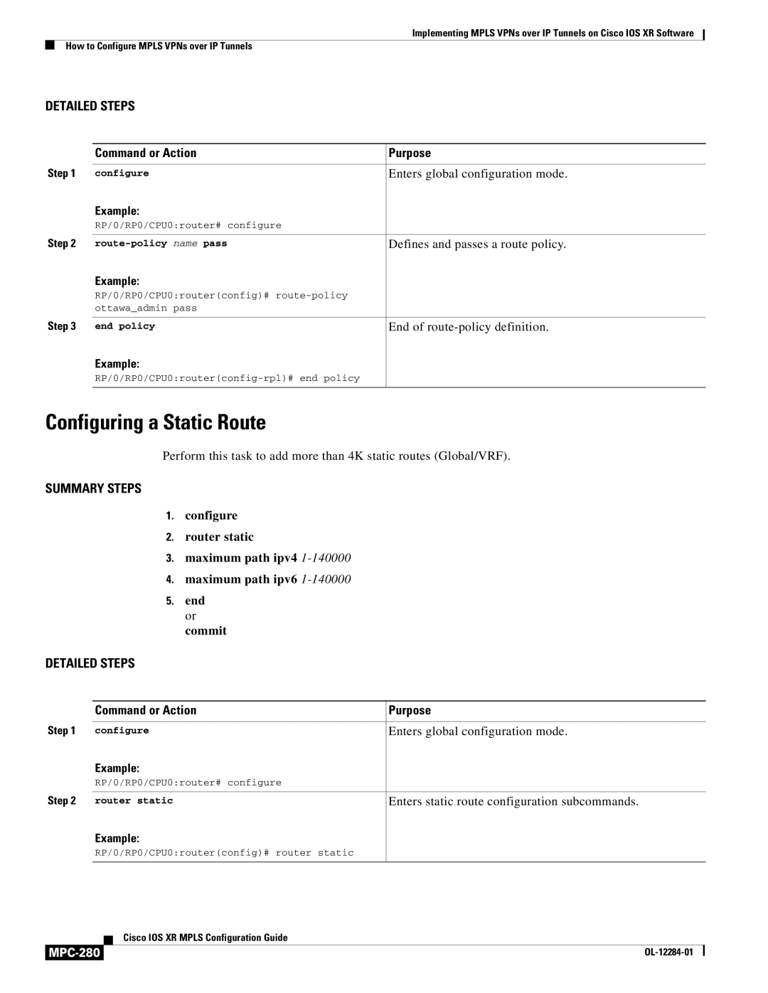 Cisco Systems MPC-273 manual Configuring a Static Route, MPC-280 