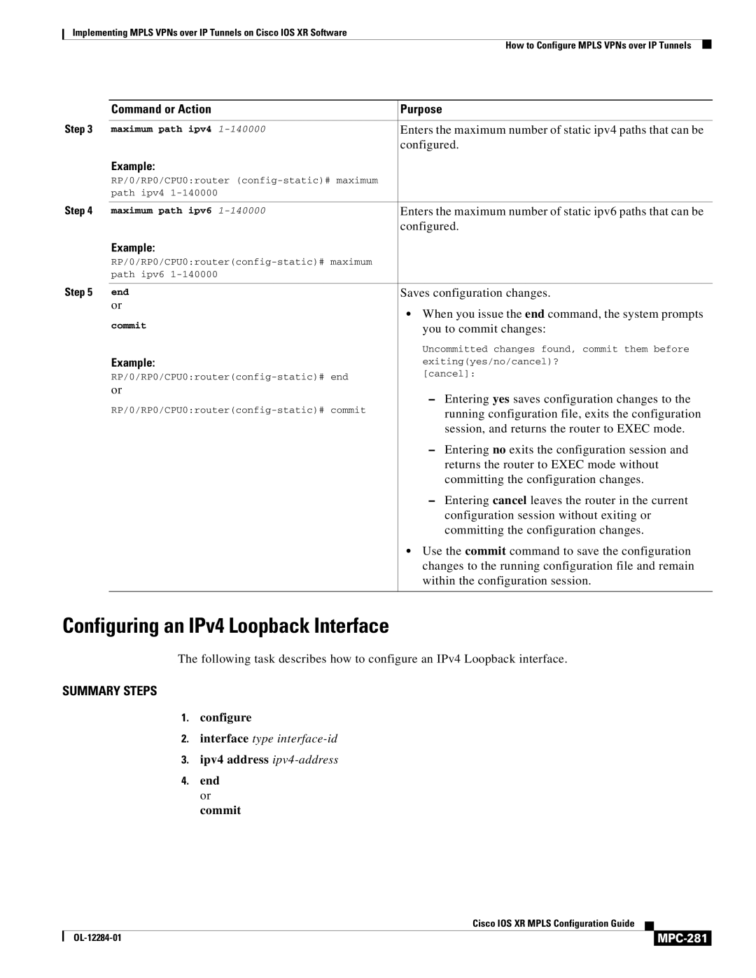 Cisco Systems MPC-273 manual Configuring an IPv4 Loopback Interface, MPC-281 