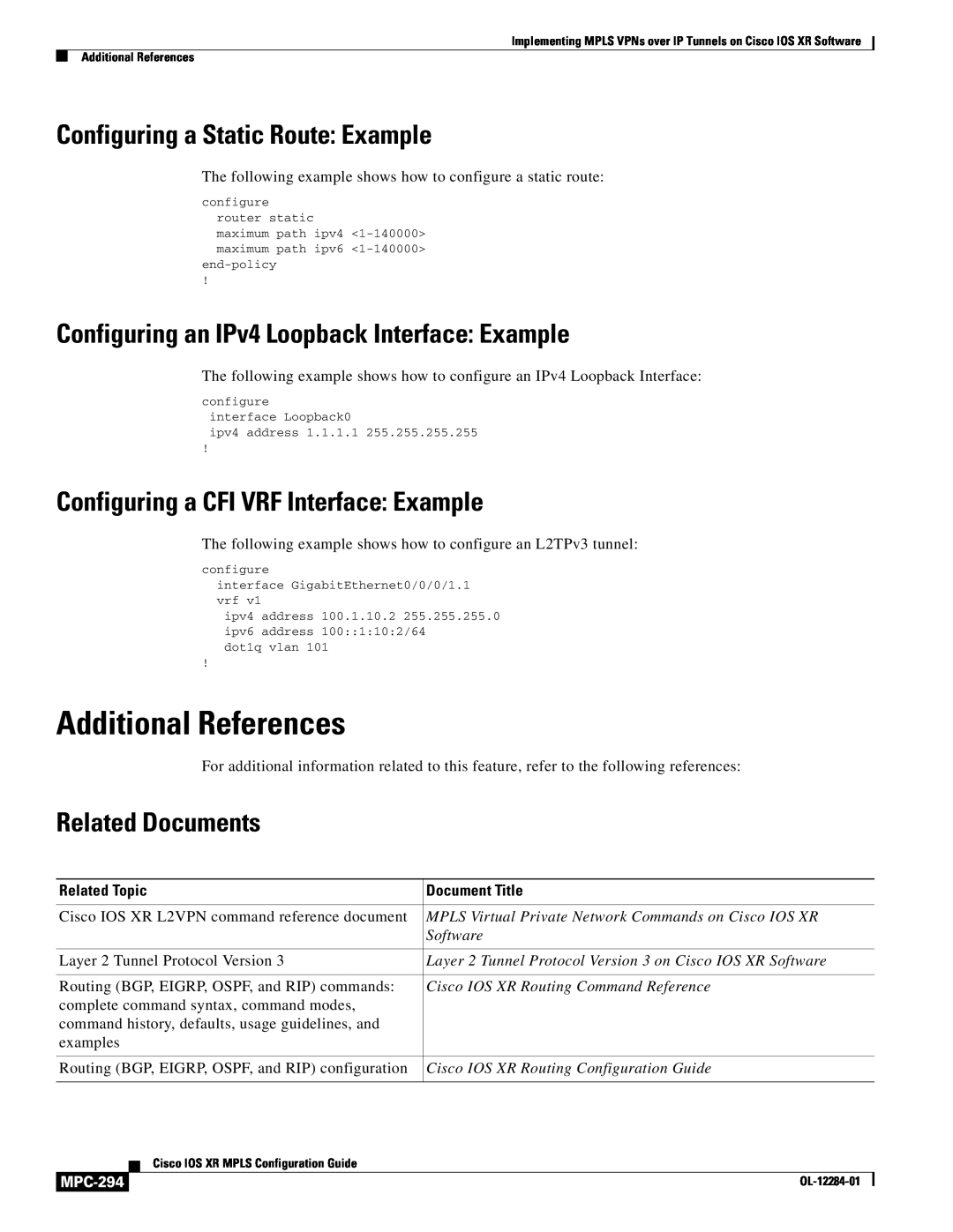 Cisco Systems MPC-273 Additional References, Configuring a Static Route Example, Configuring a CFI VRF Interface Example 