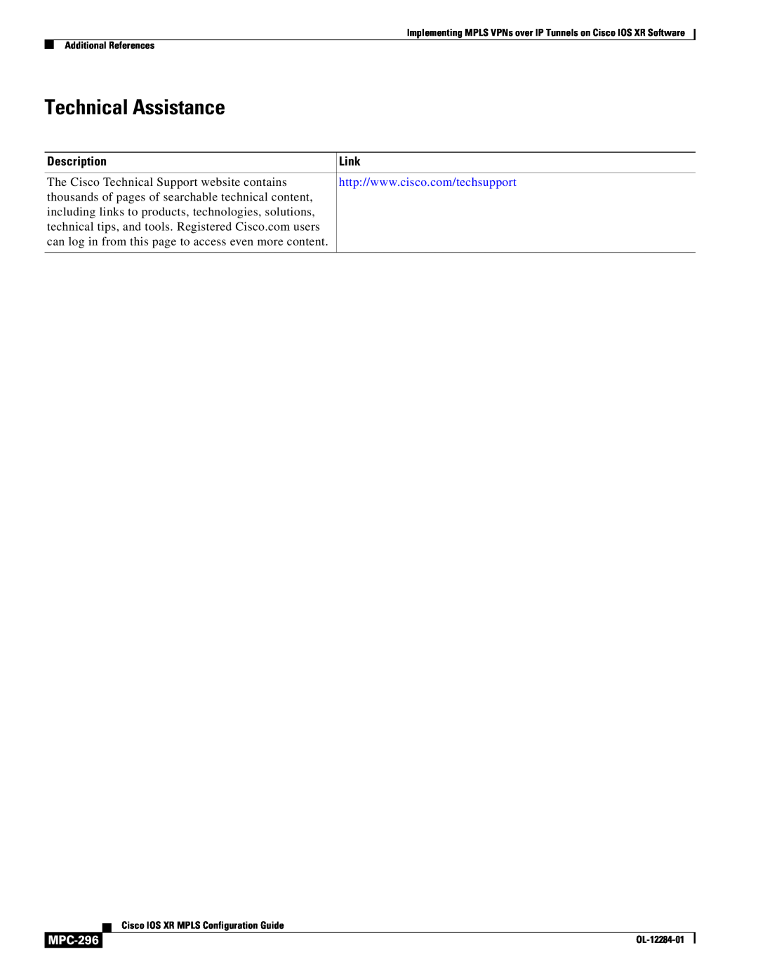 Cisco Systems MPC-273 manual Technical Assistance, Description, Link, MPC-296 