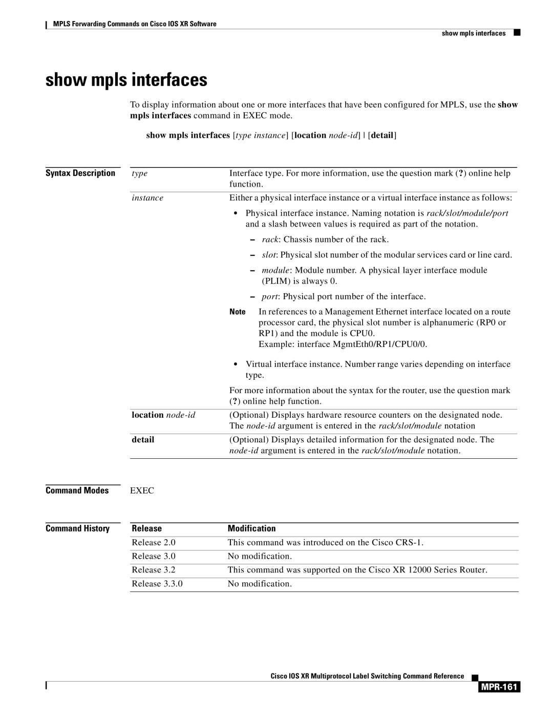 Cisco Systems MPR-151 manual Show mpls interfaces, MPR-161 