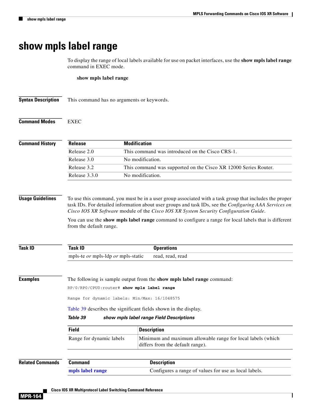 Cisco Systems MPR-151 manual Show mpls label range, MPR-164 