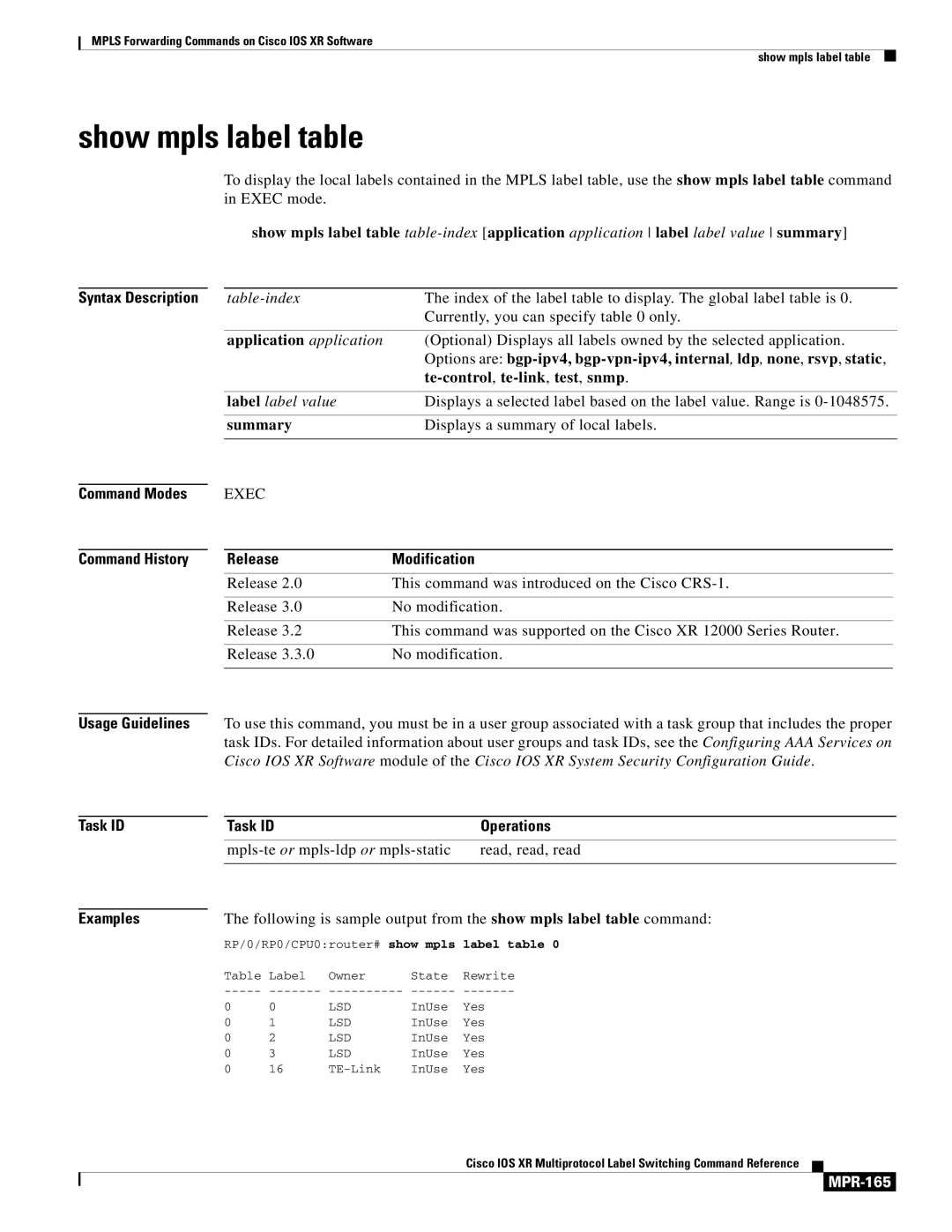 Cisco Systems MPR-151 manual Show mpls label table, MPR-165, Label table 