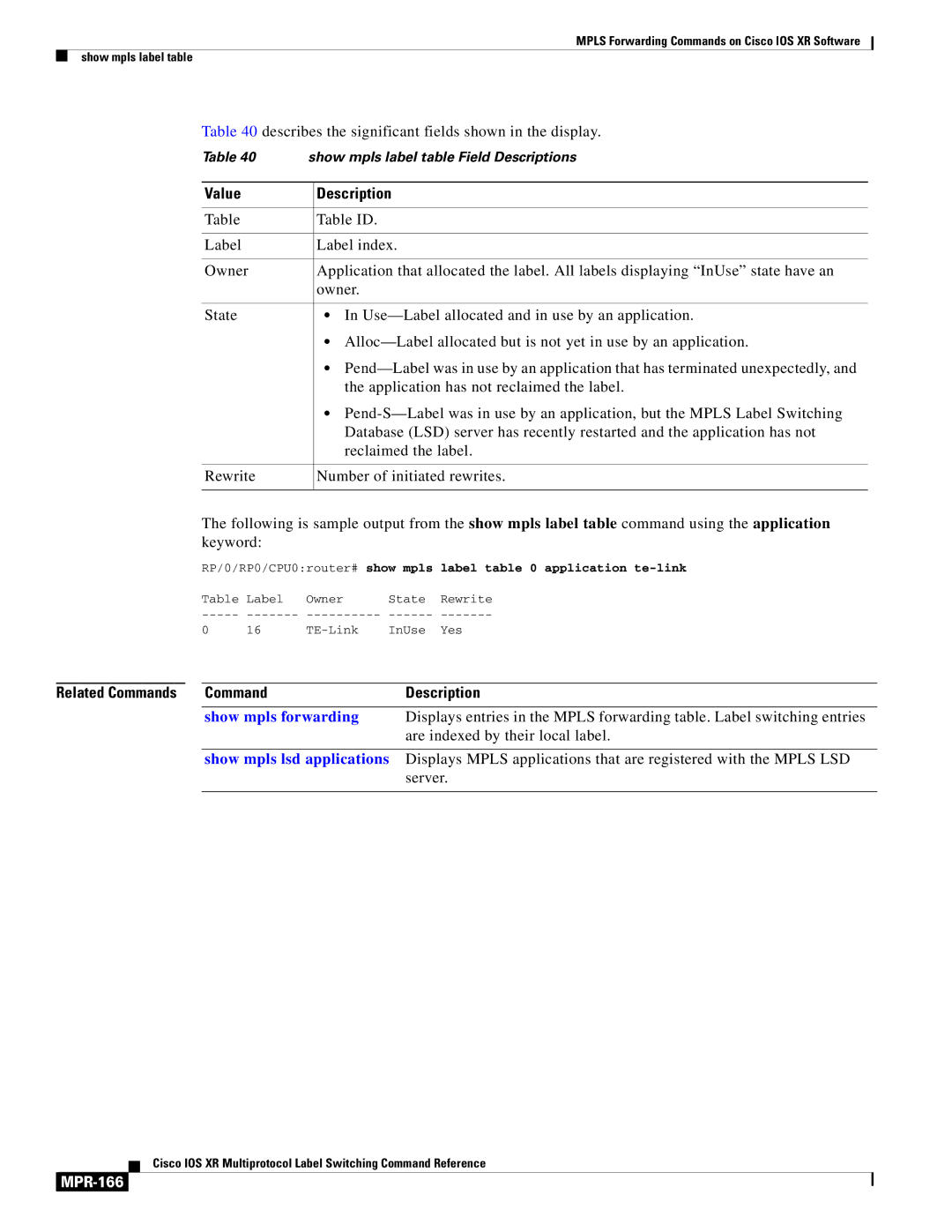 Cisco Systems MPR-151 manual Value Description, Related Commands Description, MPR-166 