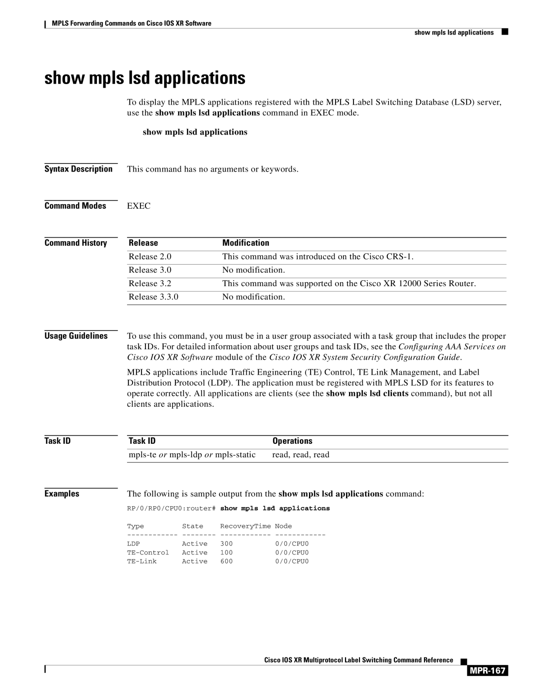 Cisco Systems MPR-151 manual Show mpls lsd applications, MPR-167 