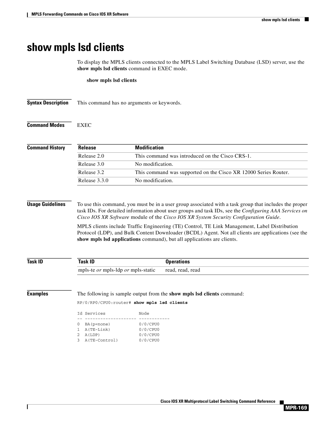 Cisco Systems MPR-151 manual Show mpls lsd clients, MPR-169 