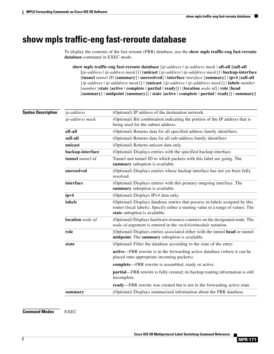 Cisco Systems MPR-151 manual Show mpls traffic-eng fast-reroute database, MPR-171 