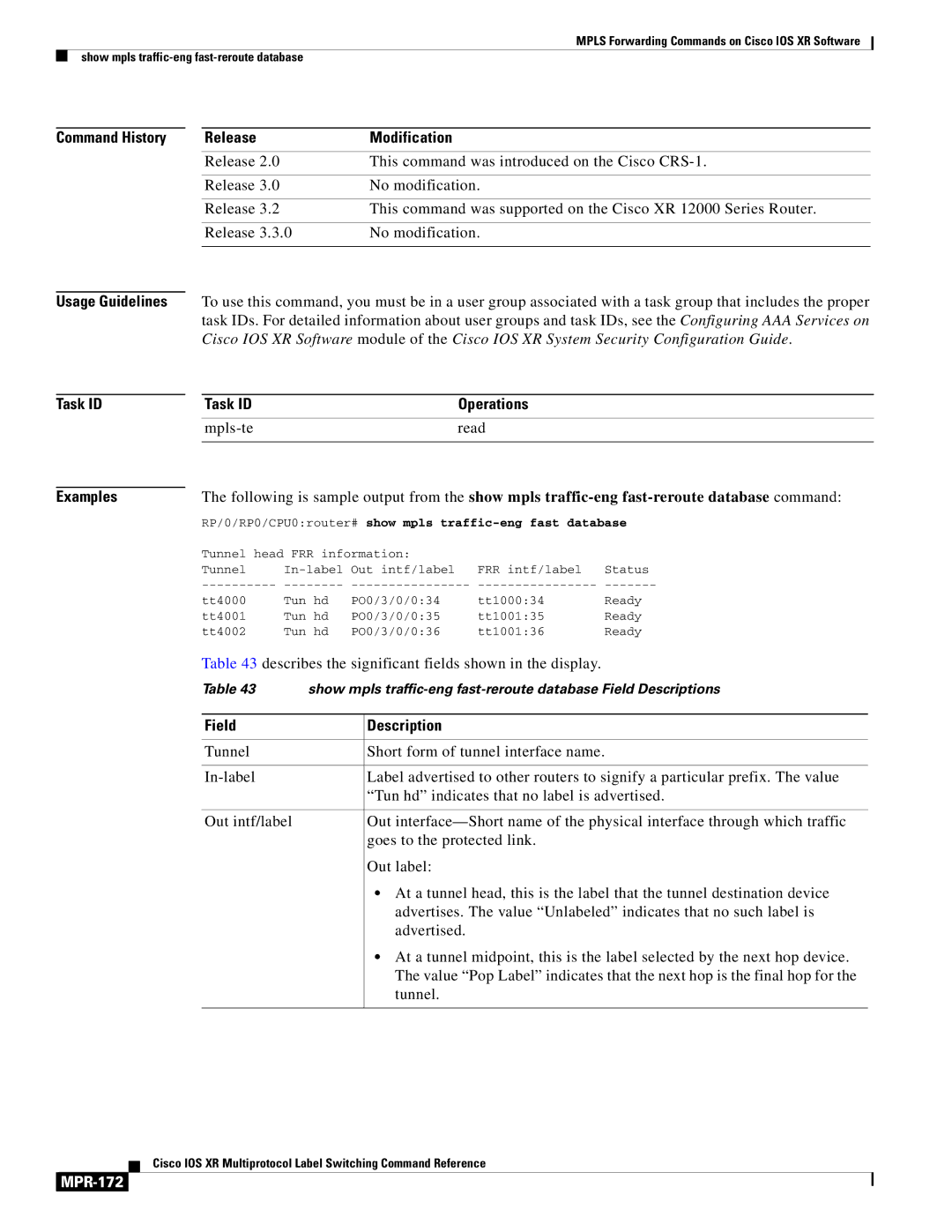 Cisco Systems MPR-151 manual MPR-172, RP/0/RP0/CPU0router# show mpls traffic-eng fast database 