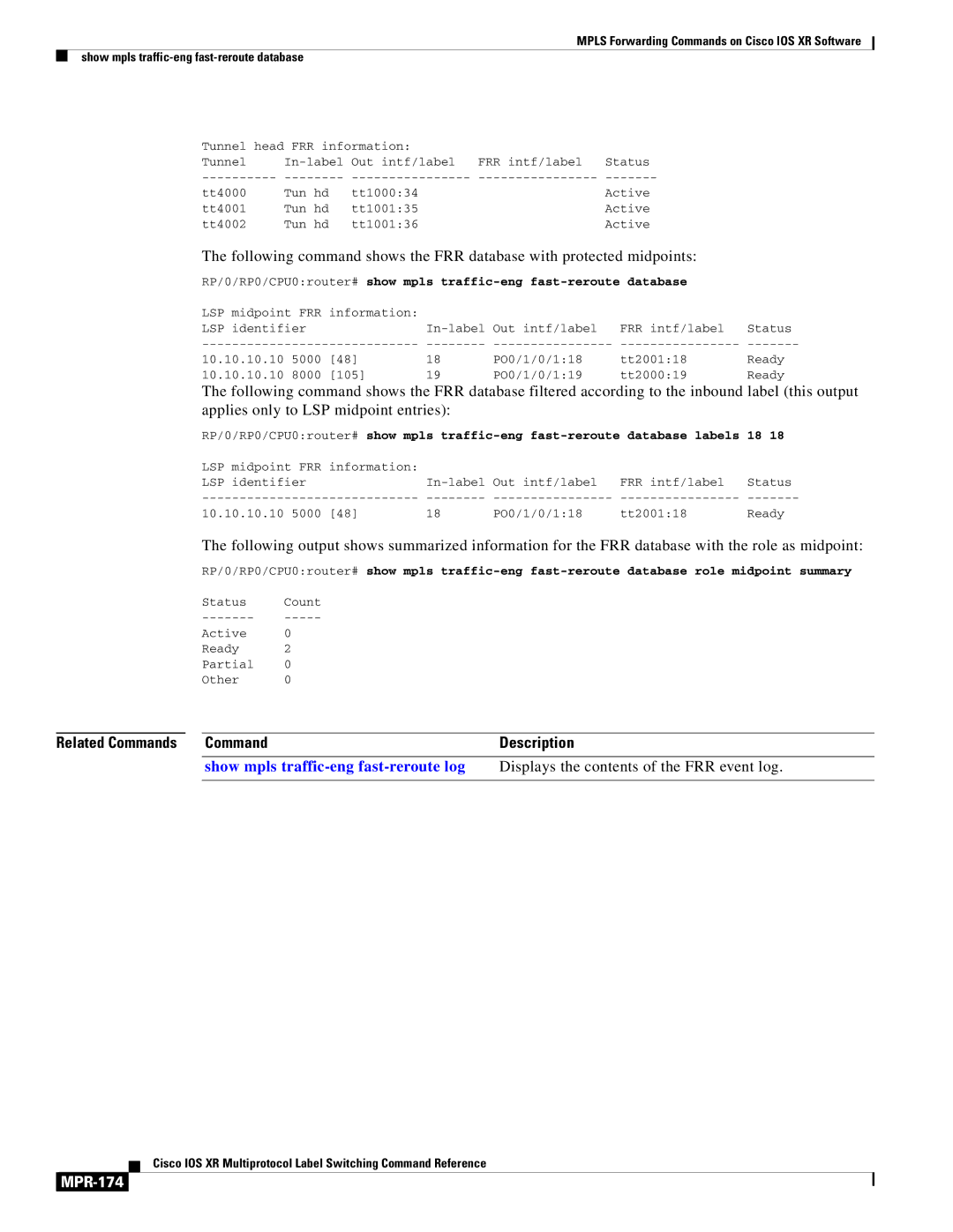 Cisco Systems MPR-151 manual Show mpls traffic-eng fast-reroute log, MPR-174 