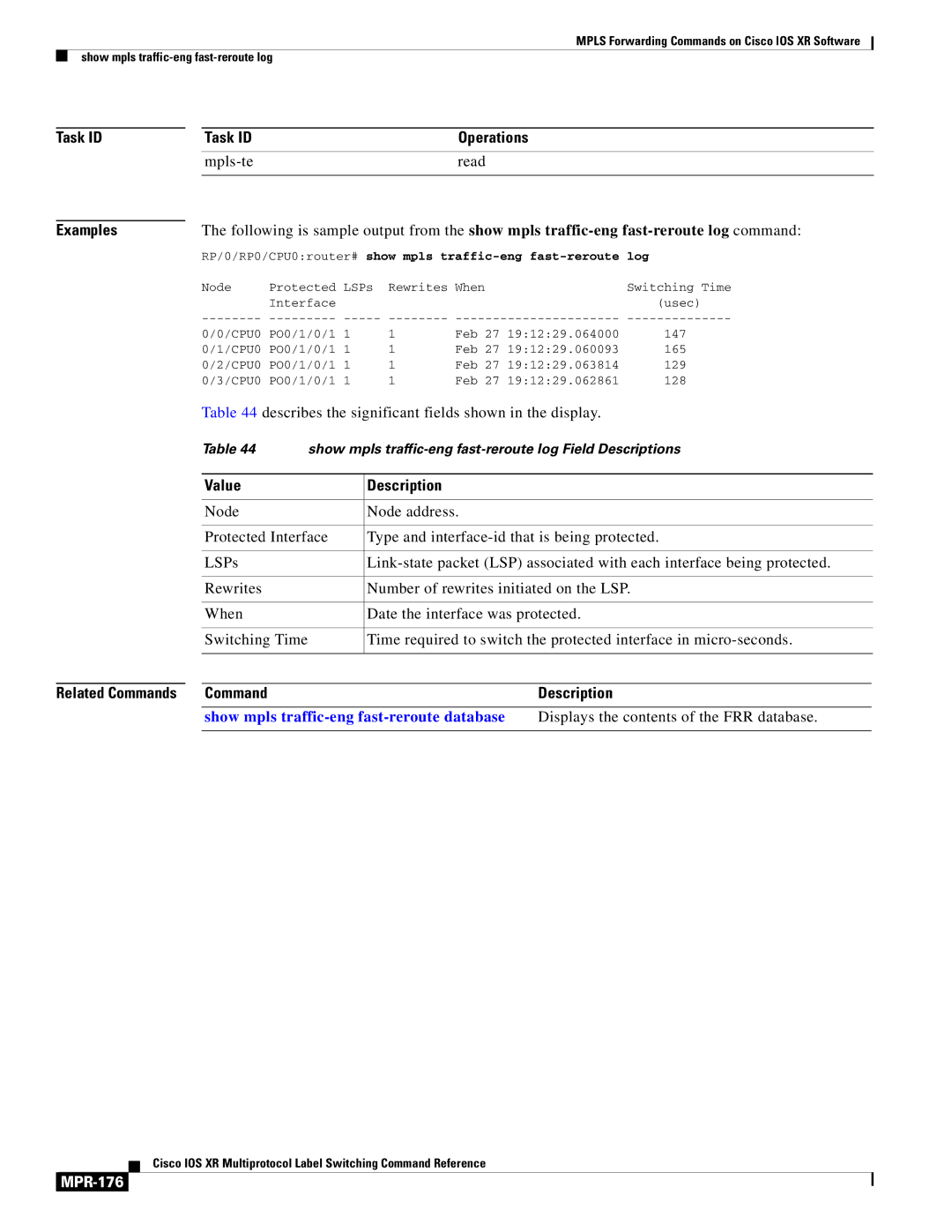 Cisco Systems MPR-151 manual Task ID Examples Operations, MPR-176 