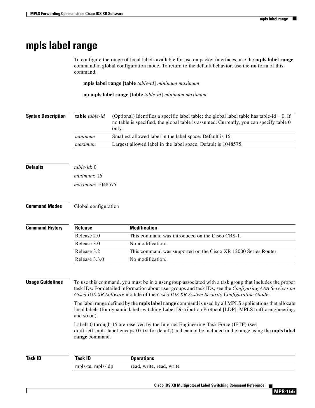 Cisco Systems MPR-151 manual Mpls label range, Defaults Command Modes Command History, MPR-155 