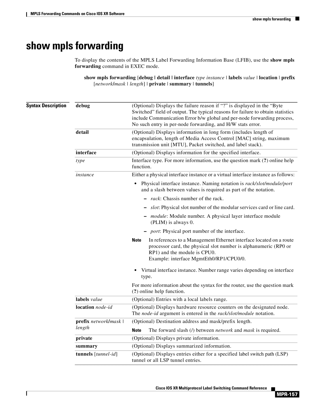 Cisco Systems MPR-151 manual Show mpls forwarding, Syntax Description, MPR-157 