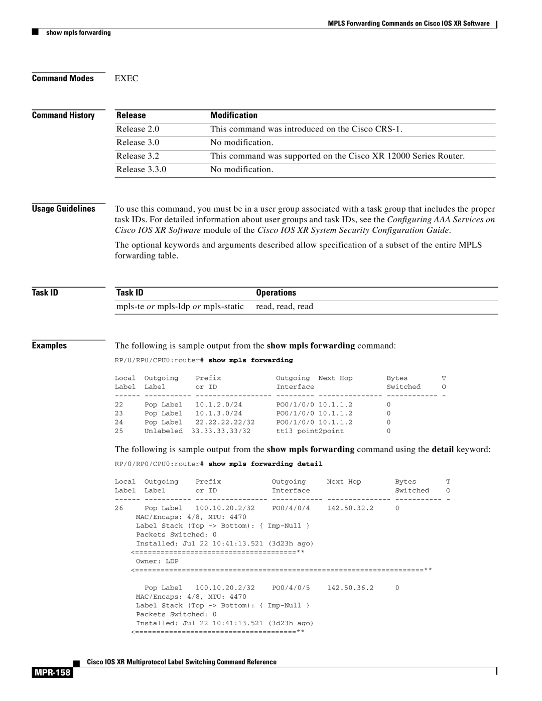 Cisco Systems MPR-151 manual Command Modes Command History, MPR-158, RP/0/RP0/CPU0router# show mpls forwarding detail 