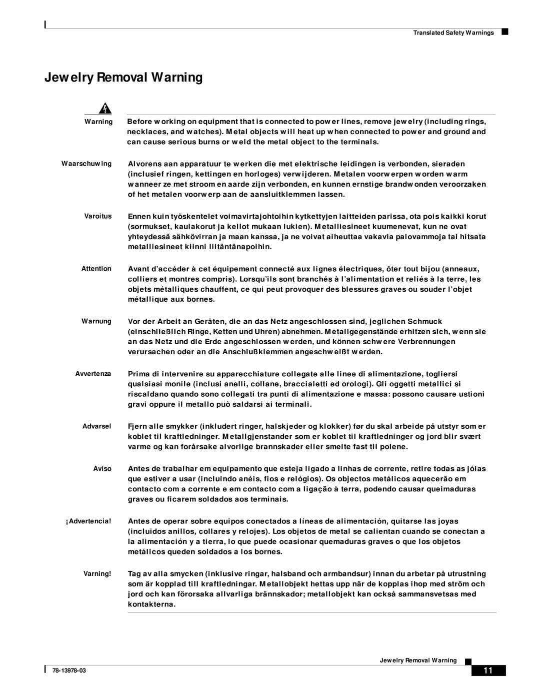 Cisco Systems MWR-1900-27 manual Jewelry Removal Warning 