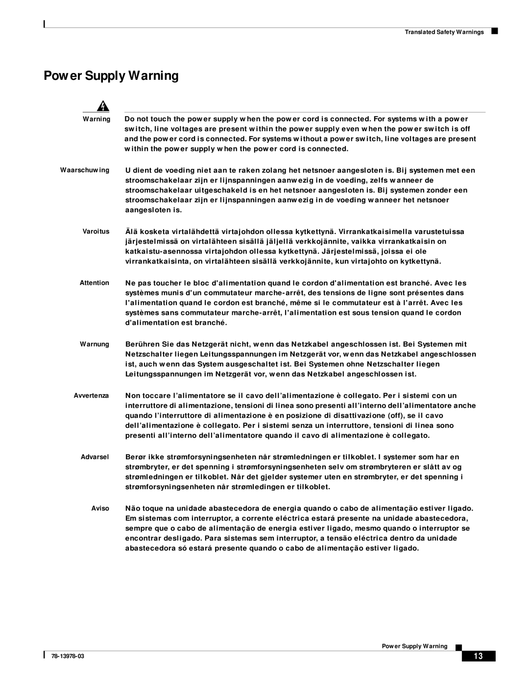 Cisco Systems MWR-1900-27 manual Power Supply Warning 