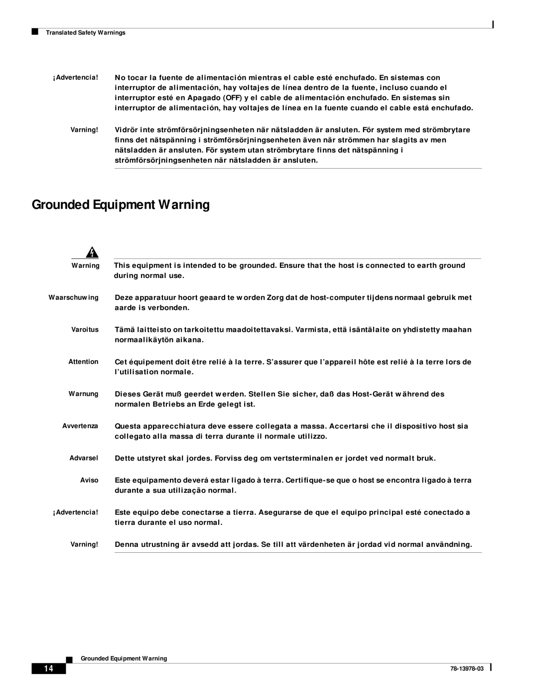 Cisco Systems MWR-1900-27 manual Grounded Equipment Warning 