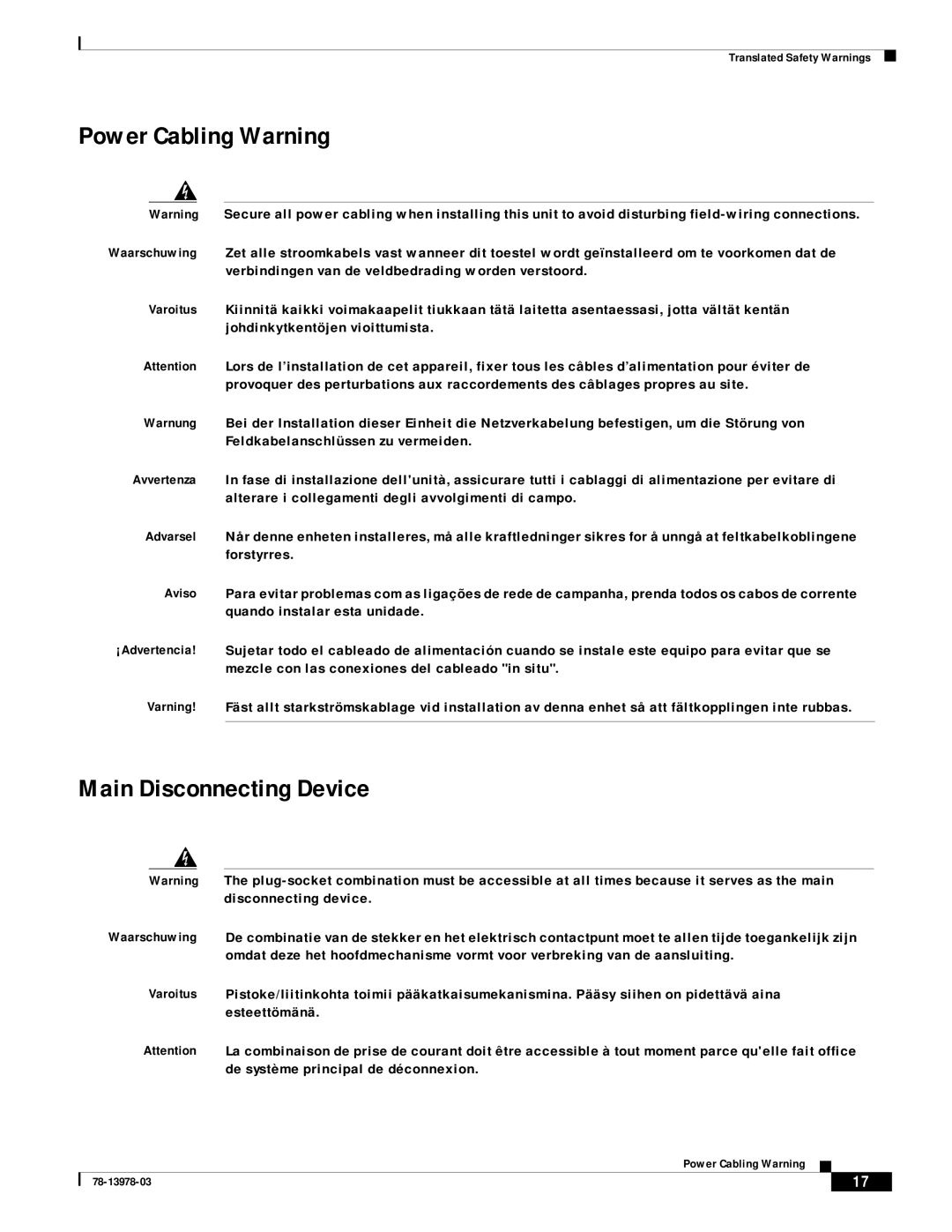 Cisco Systems MWR-1900-27 manual Power Cabling Warning, Main Disconnecting Device 