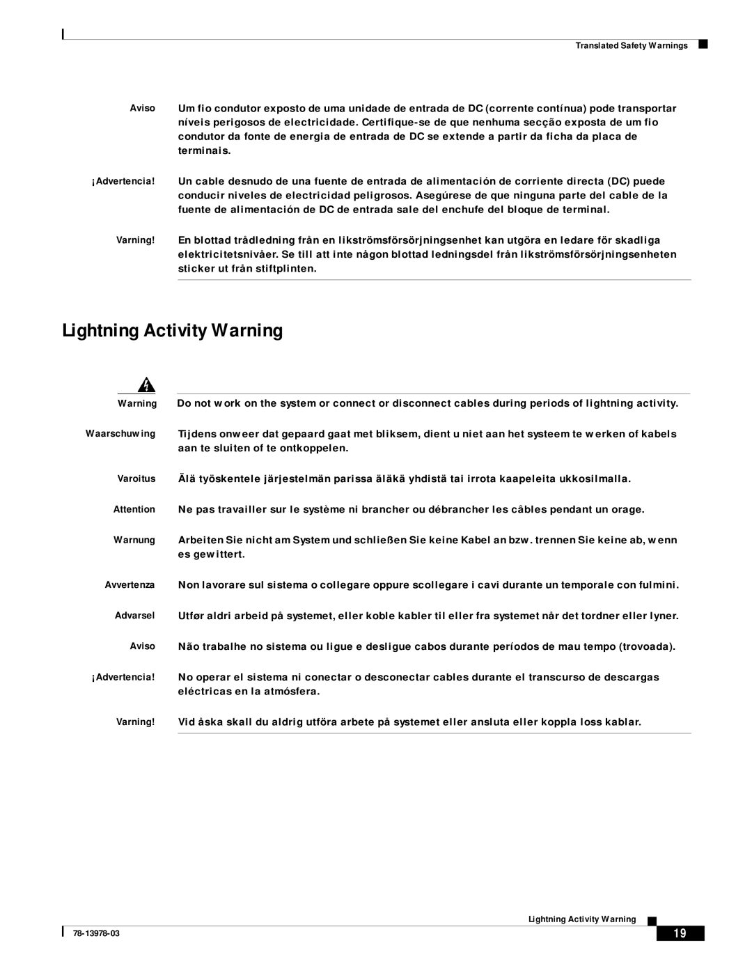 Cisco Systems MWR-1900-27 manual Lightning Activity Warning 