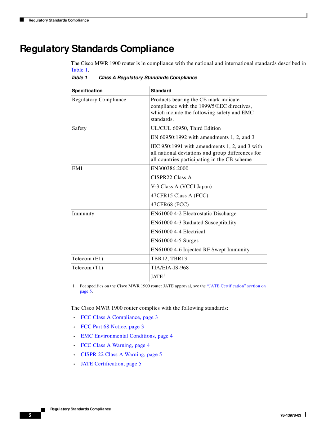 Cisco Systems MWR-1900-27 manual Regulatory Standards Compliance, Specification Standard 