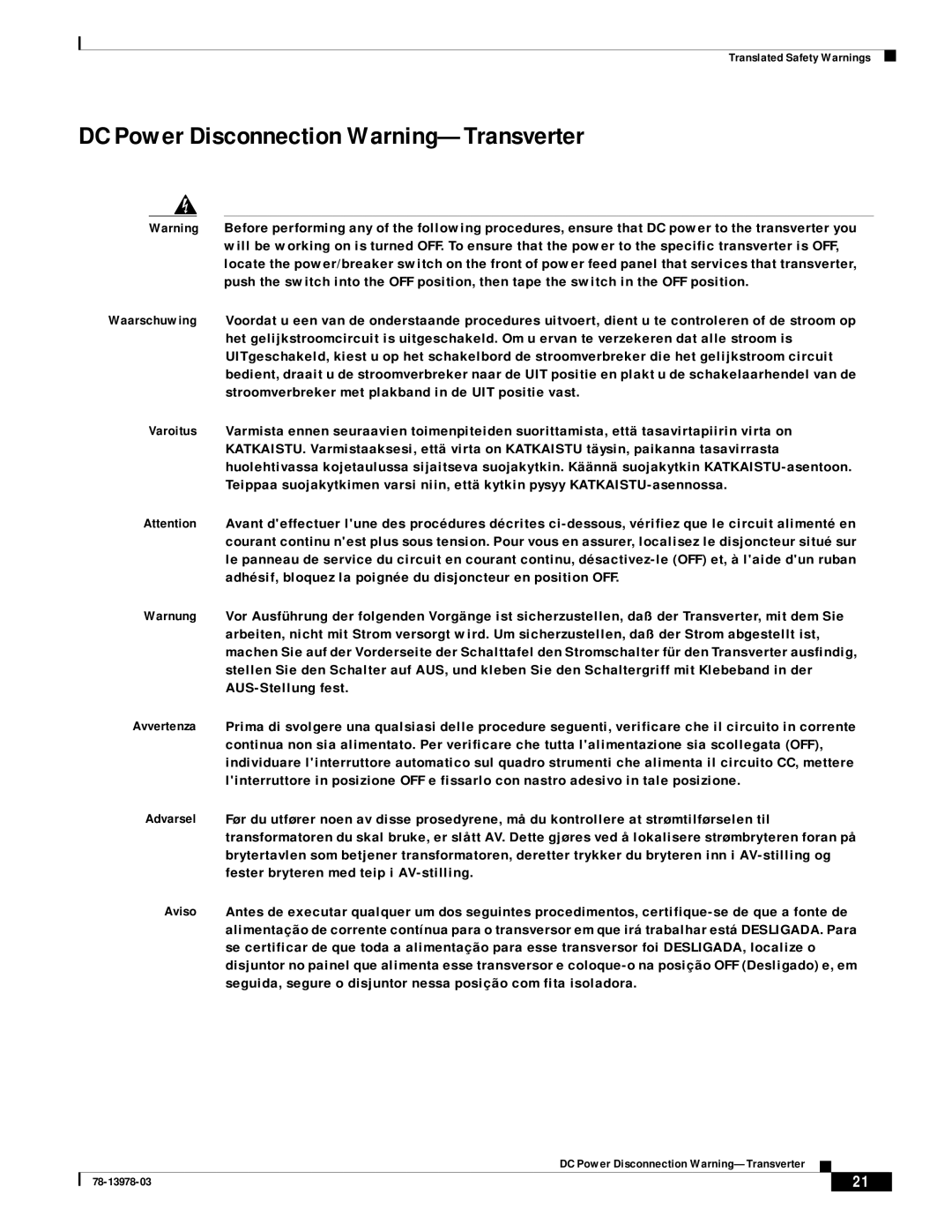 Cisco Systems MWR-1900-27 manual DC Power Disconnection Warning-Transverter 