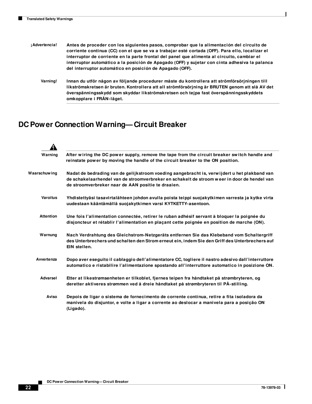 Cisco Systems MWR-1900-27 manual DC Power Connection Warning-Circuit Breaker 