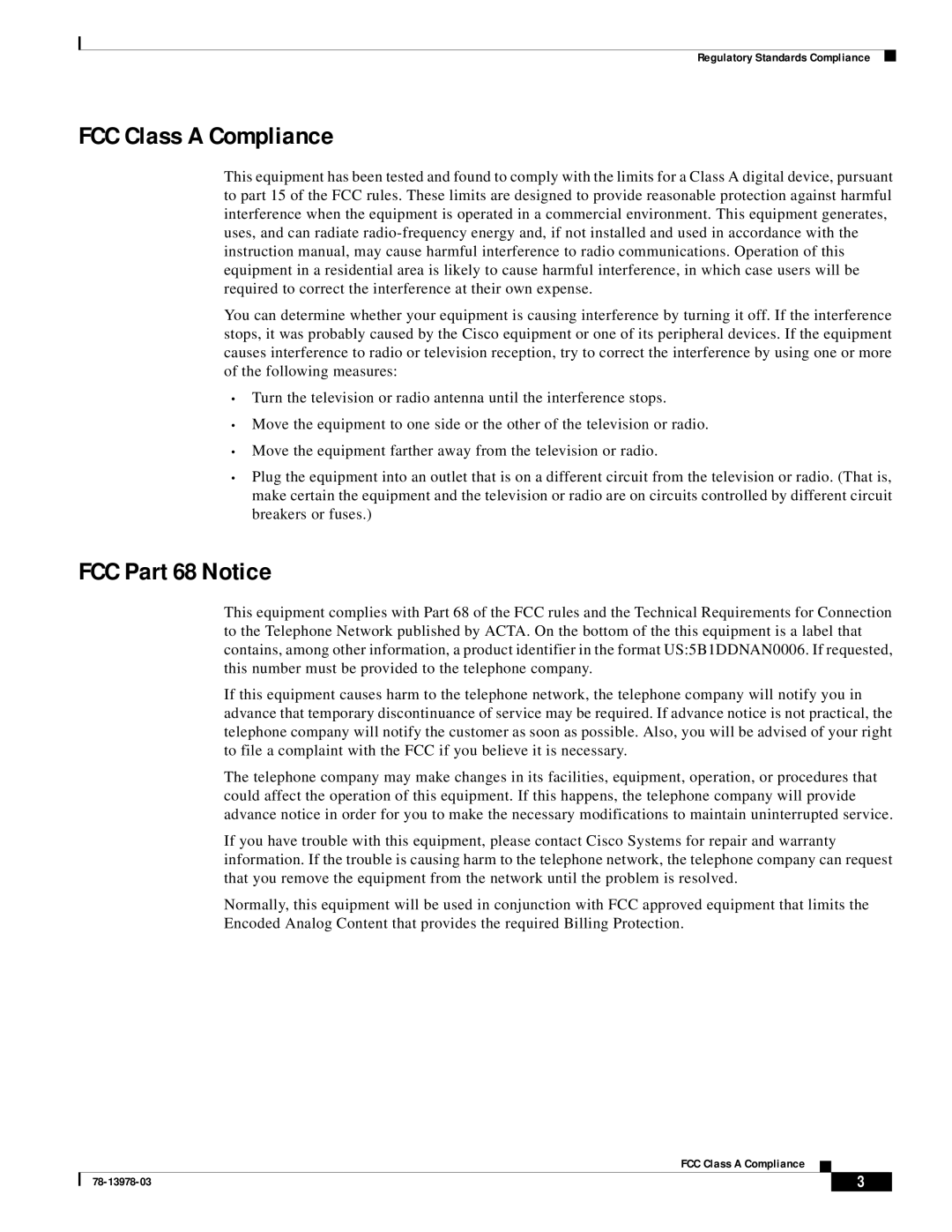 Cisco Systems MWR-1900-27 manual FCC Class a Compliance, FCC Part 68 Notice 