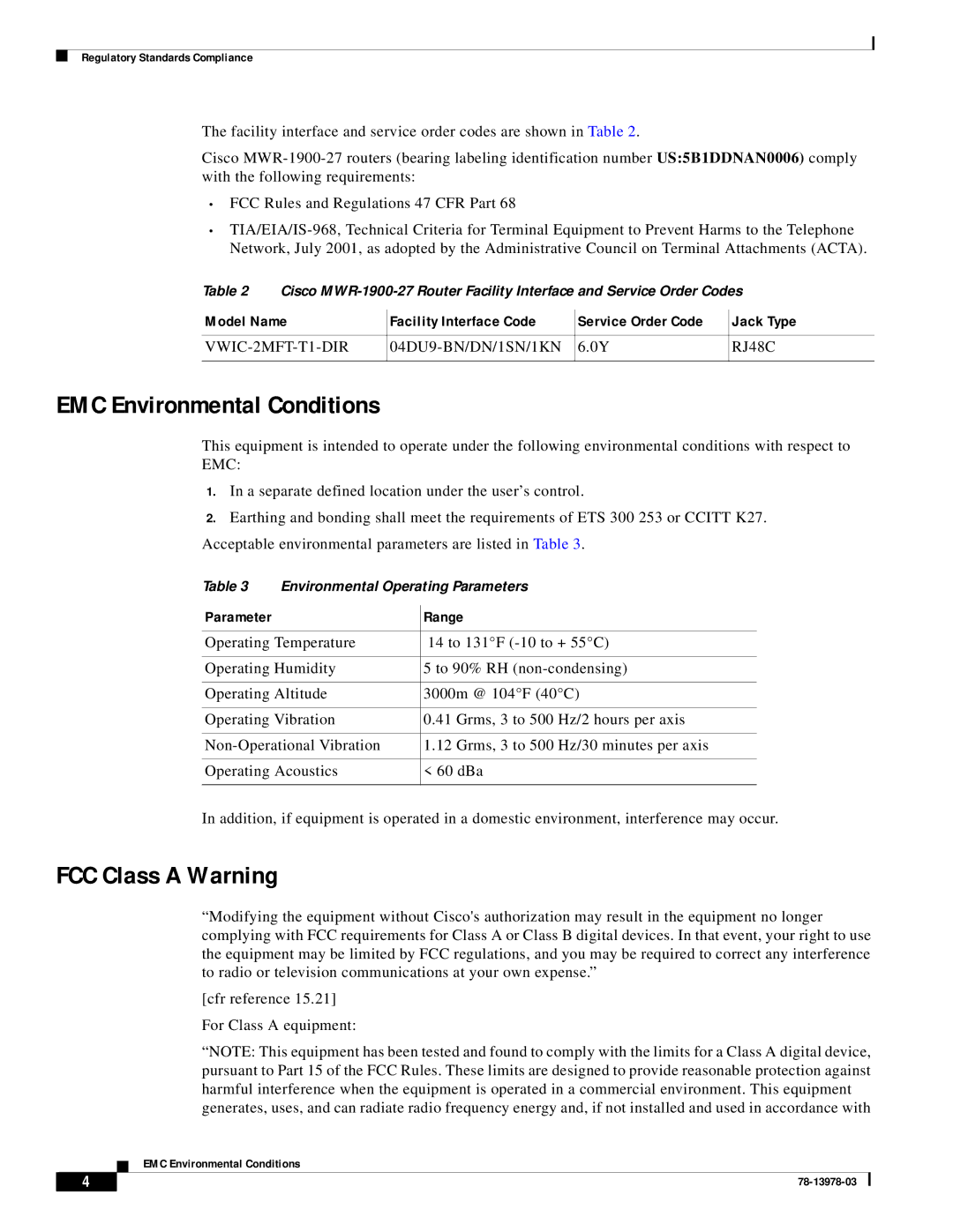 Cisco Systems MWR-1900-27 manual EMC Environmental Conditions, FCC Class a Warning 