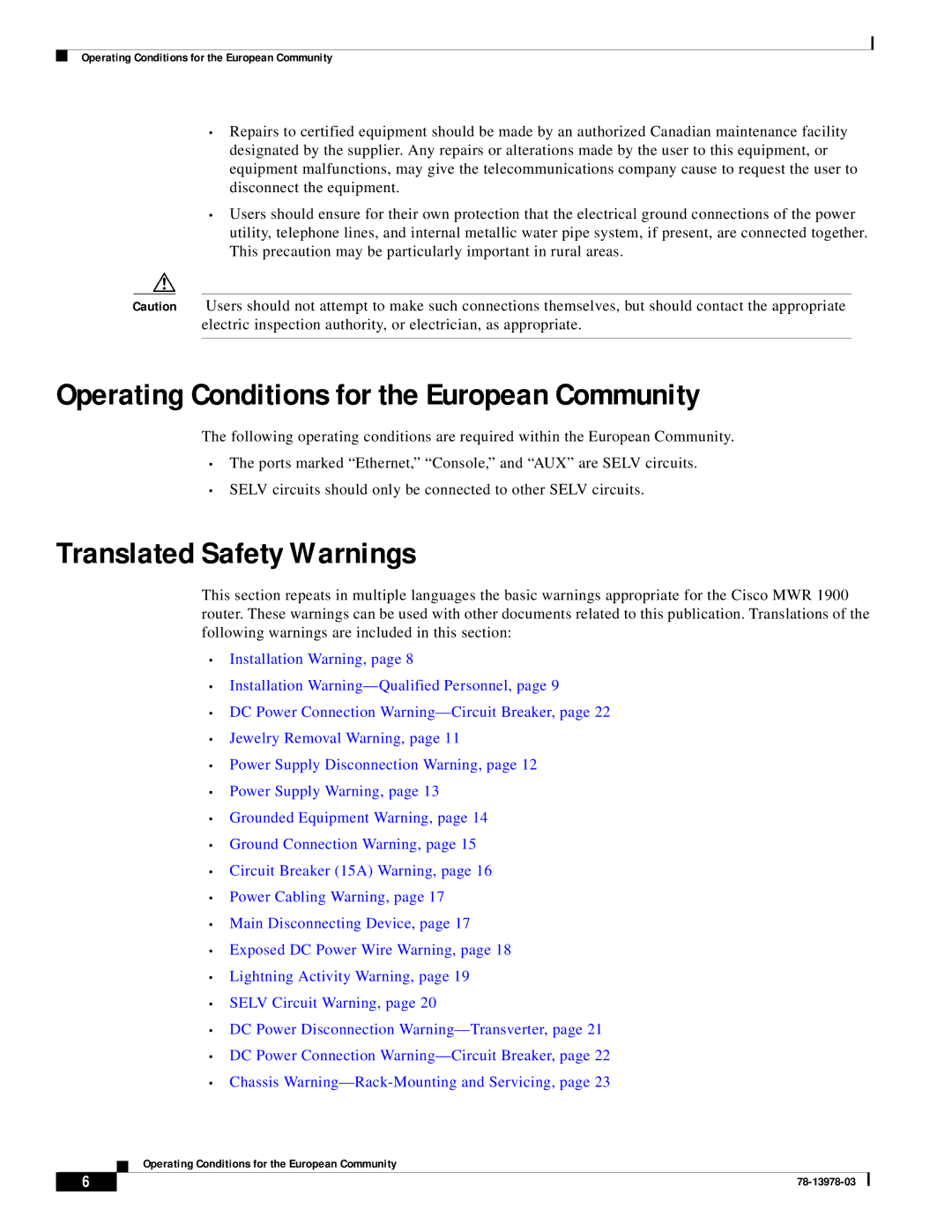 Cisco Systems MWR-1900-27 manual Operating Conditions for the European Community, Translated Safety Warnings 