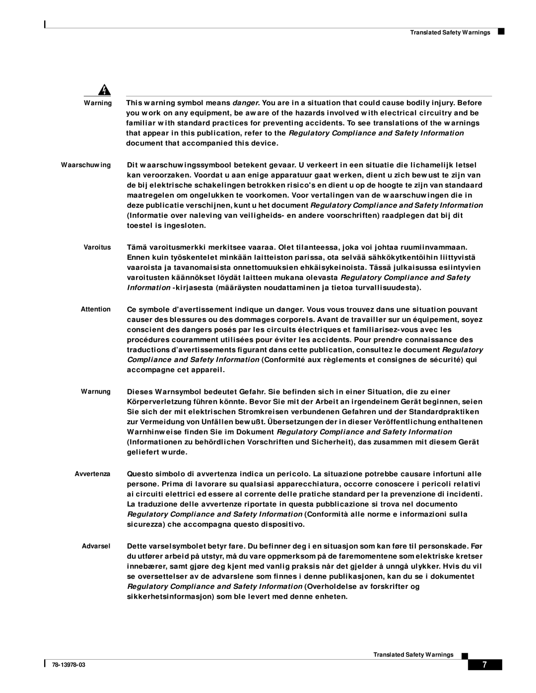 Cisco Systems MWR-1900-27 manual Translated Safety Warnings 