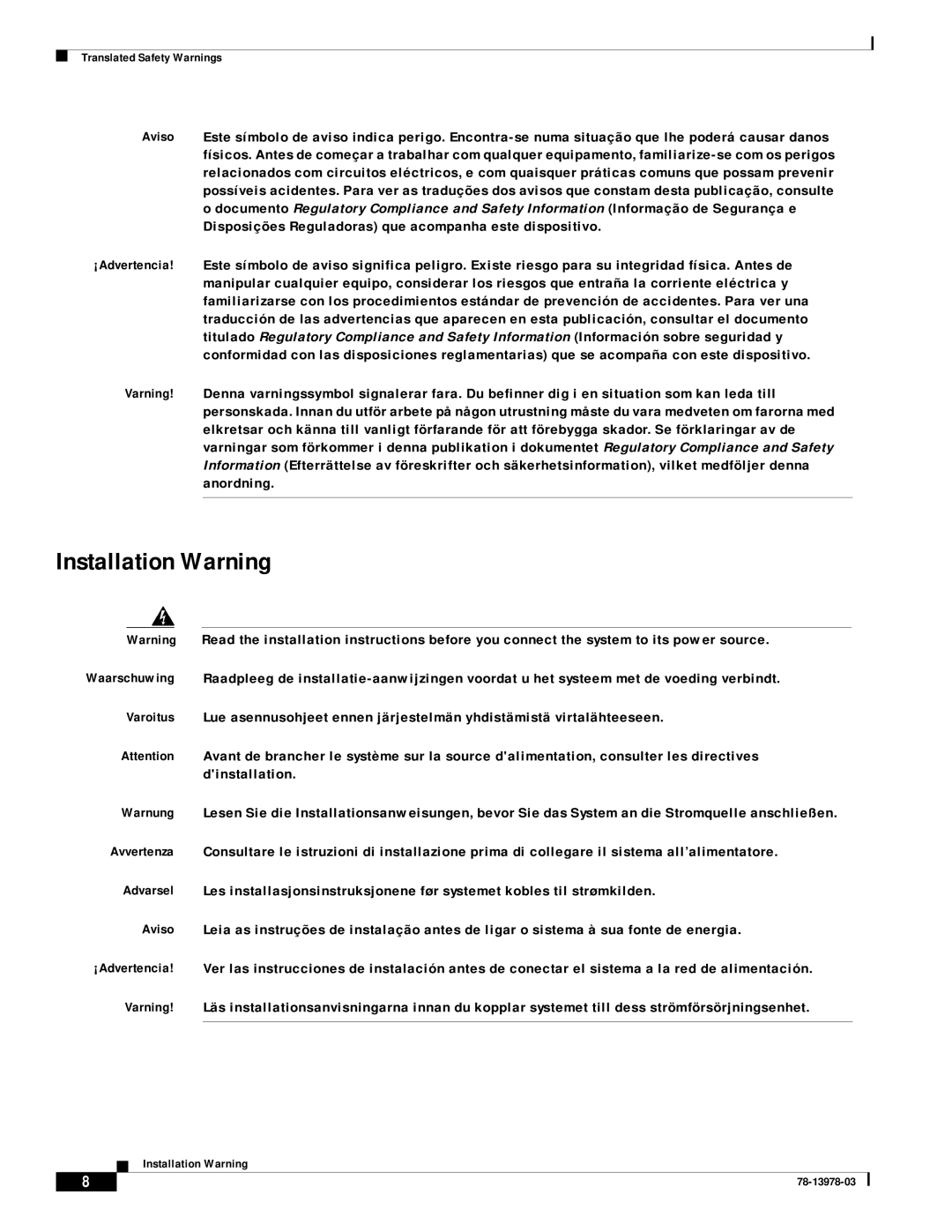 Cisco Systems MWR-1900-27 manual Installation Warning 