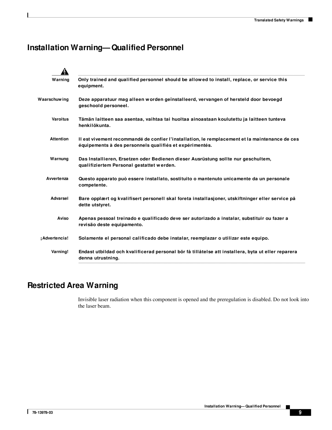 Cisco Systems MWR-1900-27 manual Installation Warning-Qualified Personnel, Restricted Area Warning 