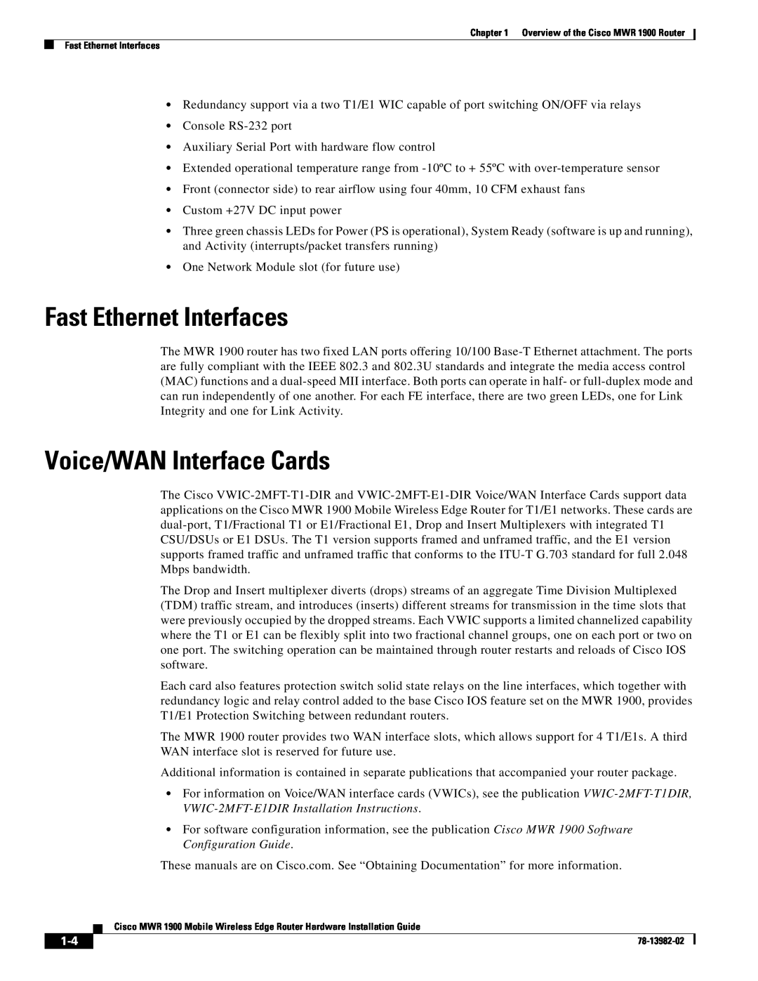 Cisco Systems MWR 1900 manual Fast Ethernet Interfaces, Voice/WAN Interface Cards 