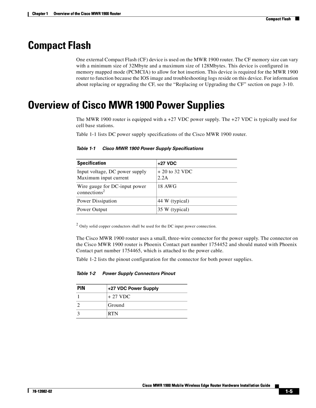 Cisco Systems manual Compact Flash, Overview of Cisco MWR 1900 Power Supplies, Specification 
